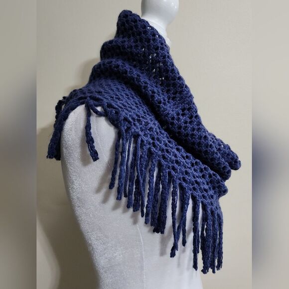 Navy Blue Crochet Fringed Scarf - Picture 2 of 5